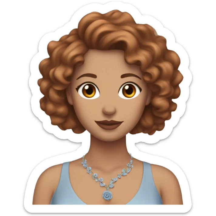 front profile emoji white girl with brown eyes brown curly hair wearing a coquette dusty blue dress, a small necklace and a pale orange rose in her hair  sticker