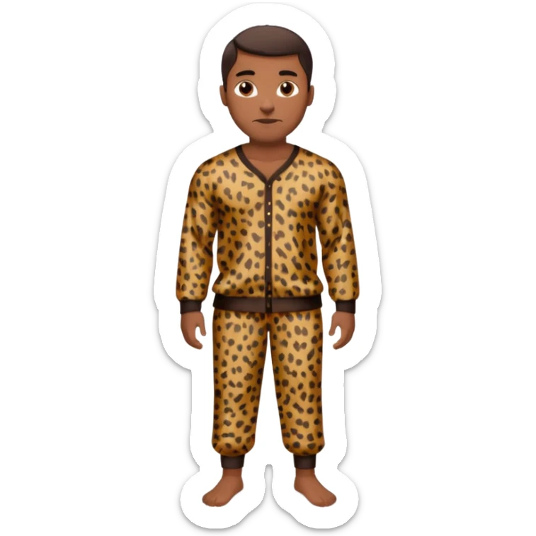 Handsome Black man with brown skin tone, with muscular build, wearing loose fitting long sleeve leopard print pajamas and white slippers  sticker