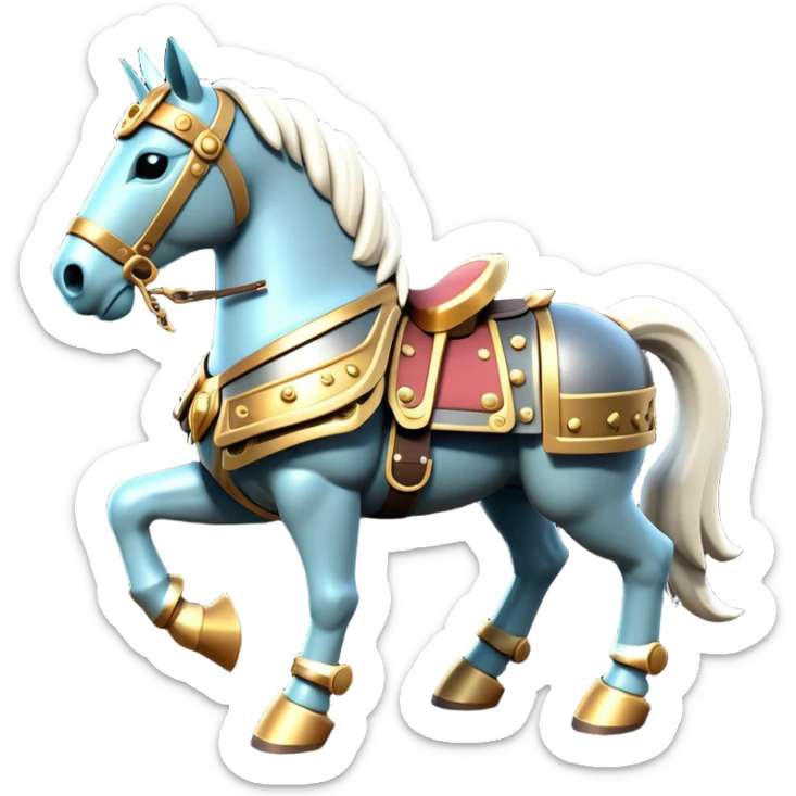 Clash of Clans aesthetic: Cinematic Playful Armored Horse Emoji, rendered in a 3D vector-style similar to standard emojis with minimal shading and bold, simplified shapes. A compact, isometric warhorse outfitted in intricately detailed armor with noble accents, softly glowing with a gallant medieval carriage charm. Simplified yet unmistakably iconic, highly detailed and consistent, glowing with a soft radiant shine and high polish. Stylized with a touch of heroic elegance and a soft glowing outline, capturing the essence of a noble steed ready for battle with a friendly, playful air! sticker