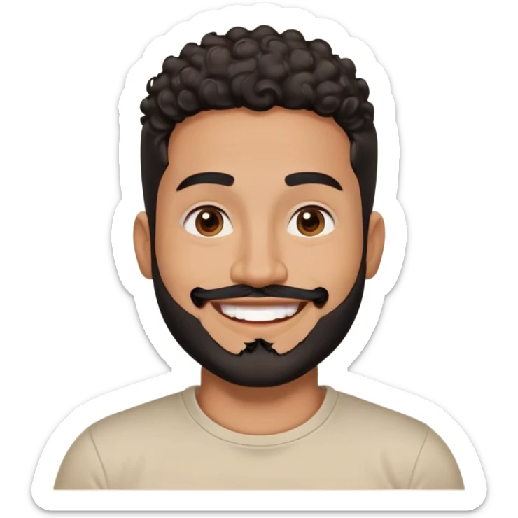 Latino man in his late 30s with warm brown skin. Round face. Big bright smile showing joy. Lively dark brown eyes. Thick defined eyebrows. Short tight curly black hair with fade on sides. Full black beard, neatly trimmed. Wearing a light beige round-neck t-shirt. sticker