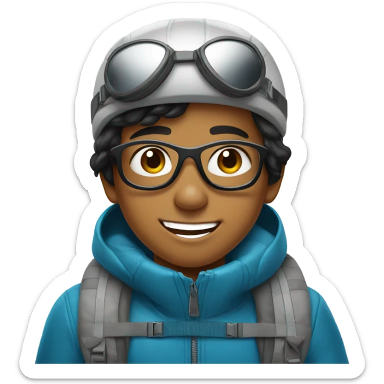 black hair smiling filipino boy with aviator glasses with skiing gear sticker