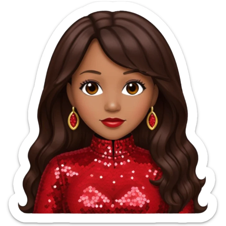 Erica Campbell from Mary Mary with long dark brown hair, red sequin outfit sticker