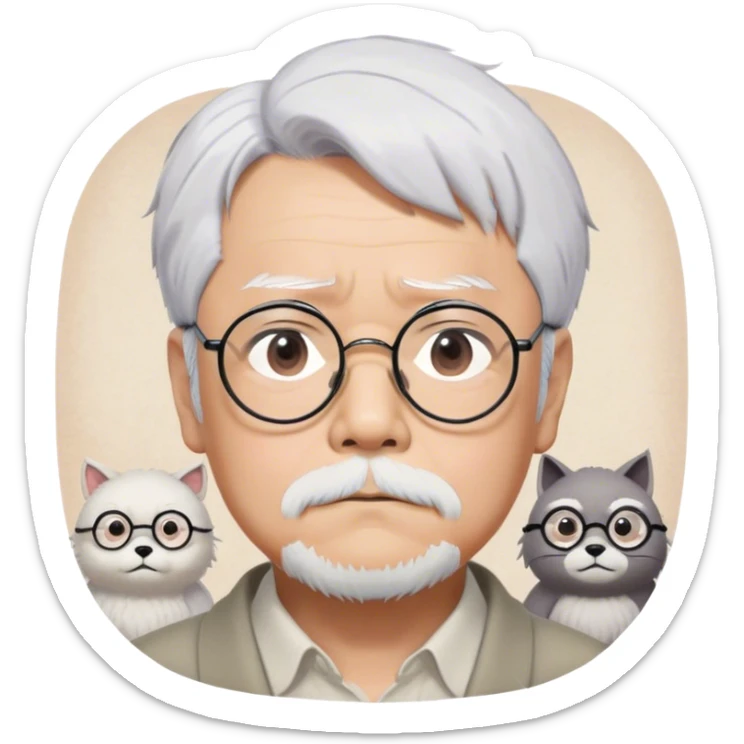 ​Cinematic Realistic Portrait of Hayao Miyazaki, depicted with striking white hair, defined black eyebrows, and large rectangular glasses, his thoughtful expression rendered in lifelike detail against a background of whimsical Studio Ghibli-inspired sketches, illuminated with soft, realistic lighting that emphasizes his creative genius, sticker