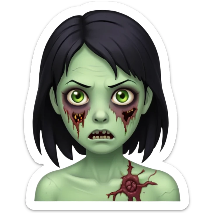 zombie girl with black hair, scary expression, horror zombie green sticker