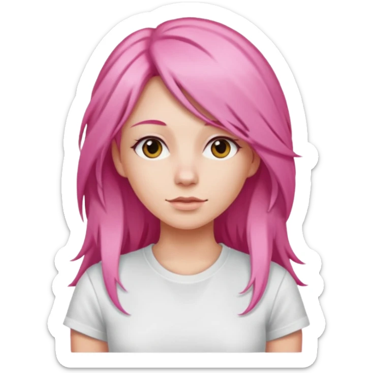 a woman with long layered pink hair, wearing white t-shirt sticker