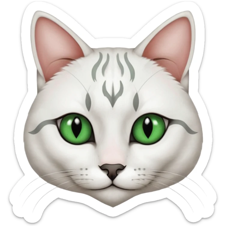 Haz una gata de ojos verdes la cara blanca con mancha negra en las orejas que agarra parte de la frente del lado der pero del iz va desde el ojo hasta la oreja la mancha, tiene la nariz negra en forma de corazón y todo lo que sobra de la cara, barbilla la nariz arriba y el lado de bigotes es blanca sticker