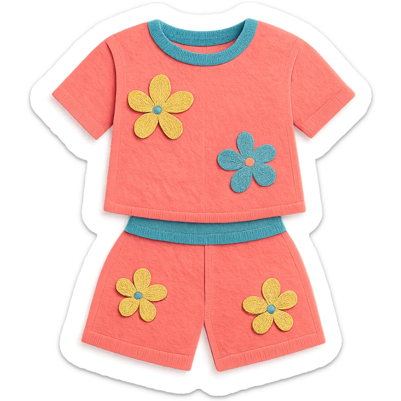 illustration of a women's short and tee shirt set with a floral pattern in paper-craft style sticker