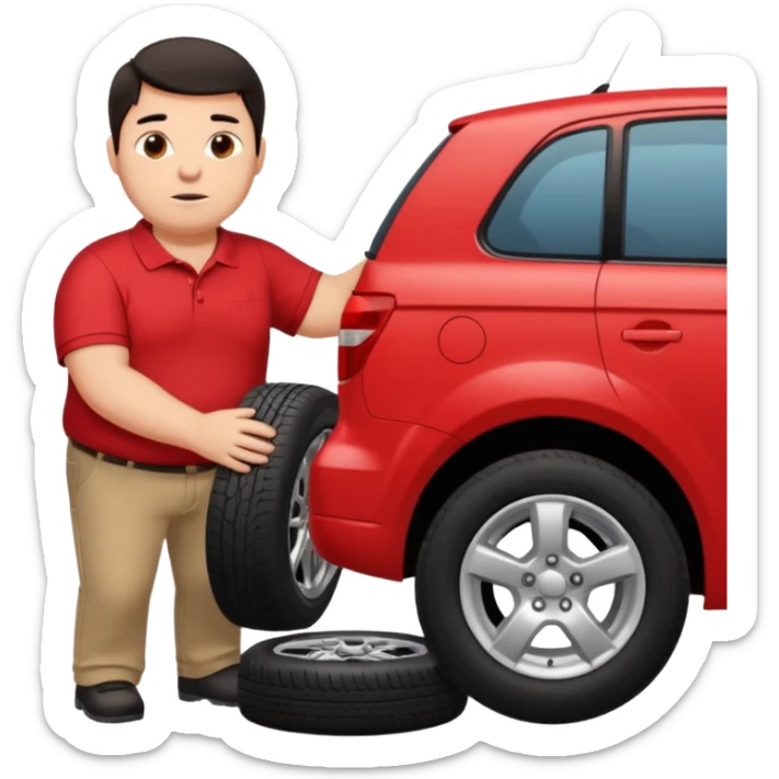 Fat white guy with dark hair and a red polo with black pants changing a tire on a car sticker