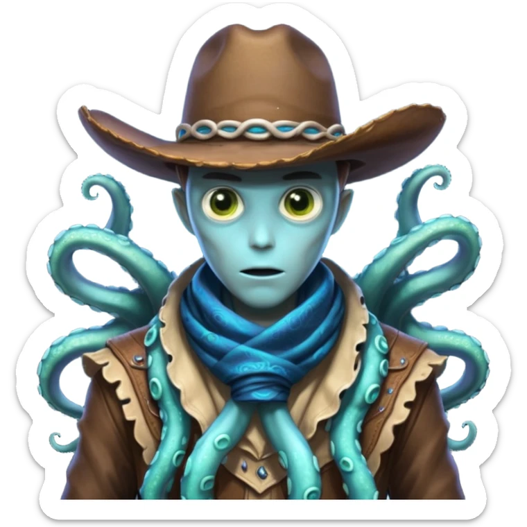 Close-up portrait of a tentacled alien cowboy, subtle glowing bioluminescent skin, tentacles partially hidden under a cowboy scarf, mysterious expression, dramatic shadow lighting, high detail, sci-fi western fusion
 sticker
