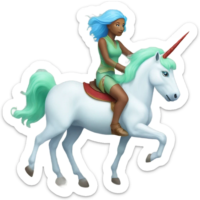 [(a light green Amazon alien woman with red hair with blue eyes) on a (four-legged white unicorn with a light blue mane)] sticker