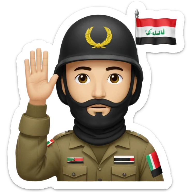 surrenders, depicts an Iraqi soldier from 1980, with a beard, in a helmet, a helmet with sign flag Iraq, with a balaclava, with sad eyes and both hands raised up sticker