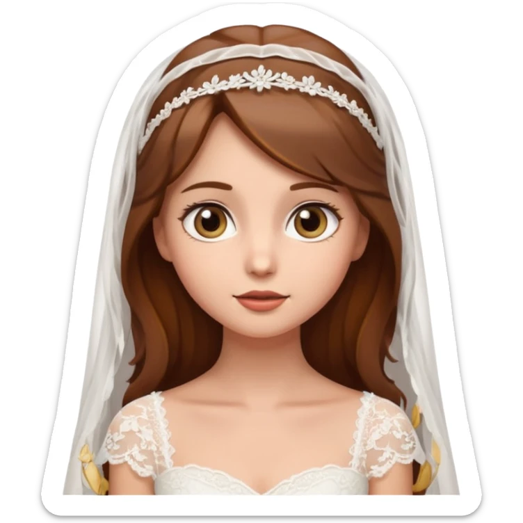 Brown-haired bride in a white wedding dress and veil, eyes looking upward with a curious expression, cute emoji style. sticker