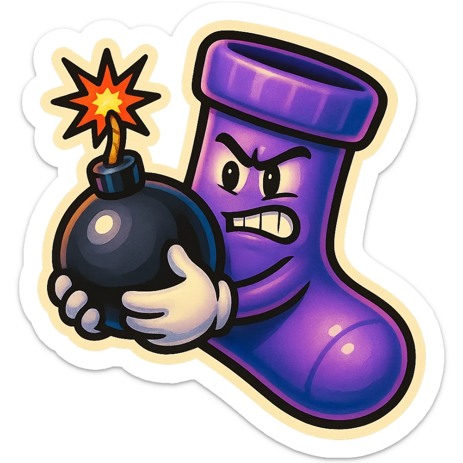 A purple sock with a clutch face, holding a bomb, representing a clutch moment or intense situation. sticker