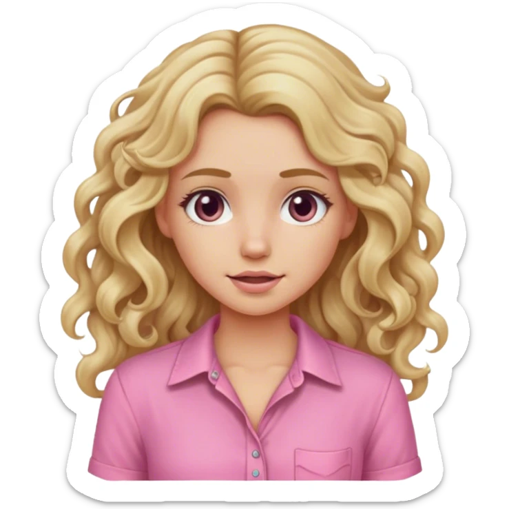 Blonde girl with long curly dirty blonde hair in a pink shirt portrait  sticker