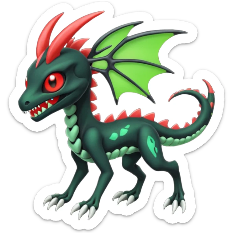 Obsidian-black and neon-glowing-green skeletal Meloetta-Salandit-Nargacuga-Zygarde-Pokémon-Fakémon-creature-fusion-hybrid with glowing crimson-red evil slit eyes sticker