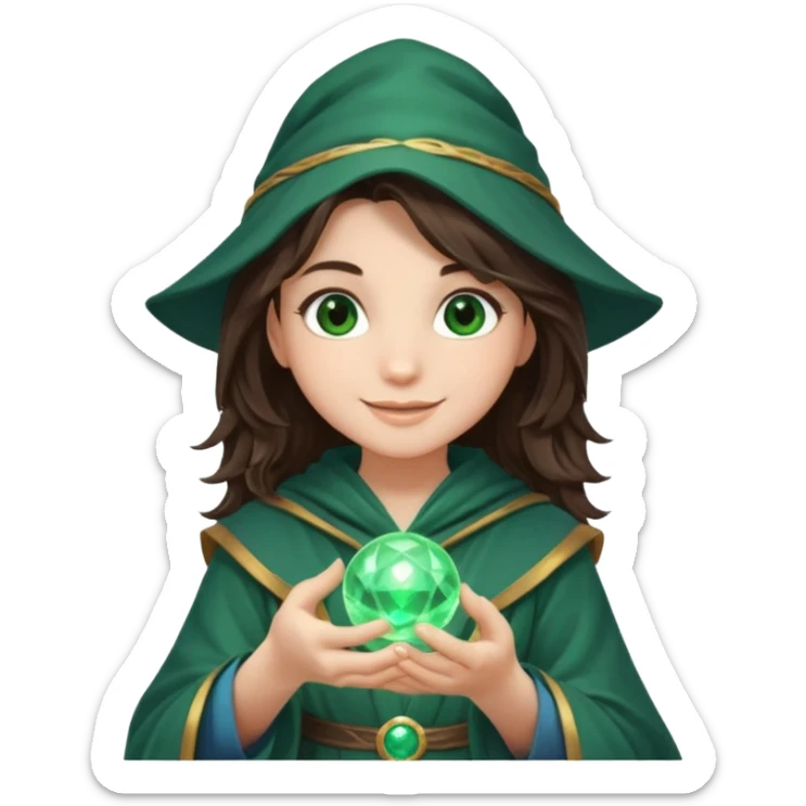 A teen brunette mage with tousled hair, holding a tiny glowing orb and smiling confidently. sticker