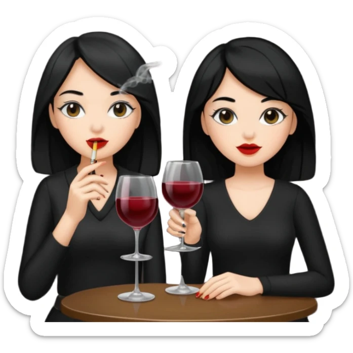 2 girls in black 1 smoking and other girl drinking wine both black hair  sticker