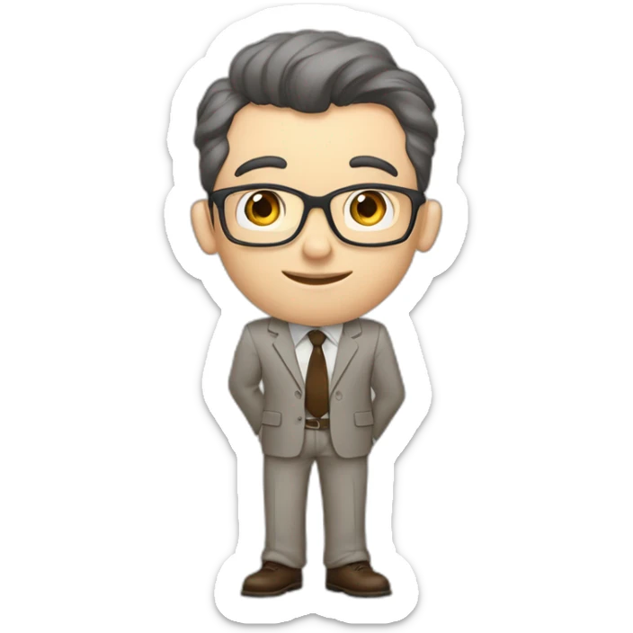 Pale skinned fit man with dark brown hair in gray jacket, beige office shirt, brown tie, brown pants and vintage glasses Writing on the flipchart sticker