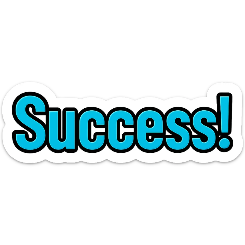 text 'Success!' in bold font, cyan blue color, lineal color icon with black outlines sticker