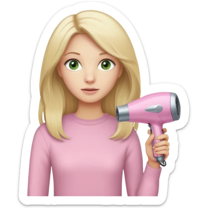 blonde with long hair and pale green eyes, wearing a beige sweater, holding a pink Dyson hair dryer, iOS emoji style sticker
