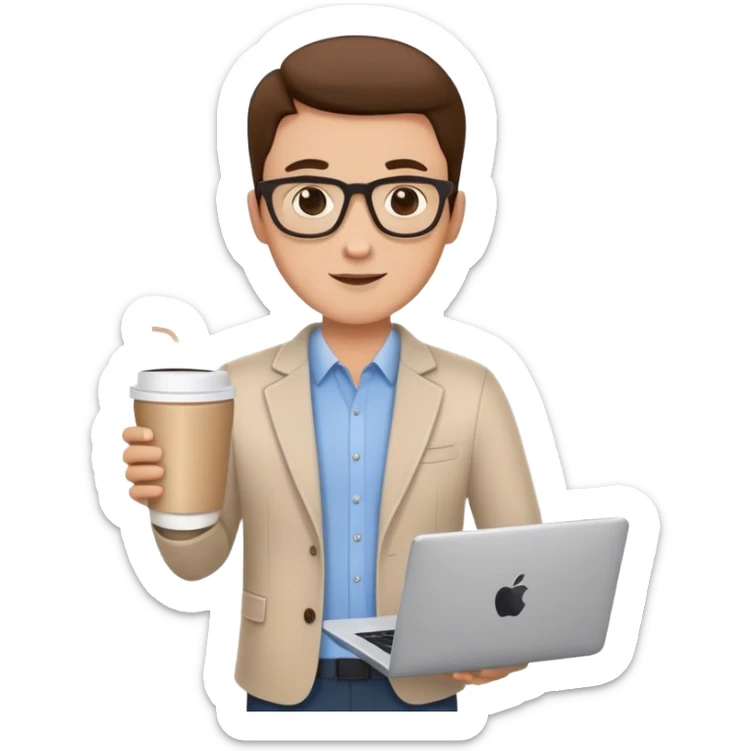 business owner confidently, holding a closed laptop in one hand and a takeaway coffee cup in the other. The character wears casual-smart clothes. sticker