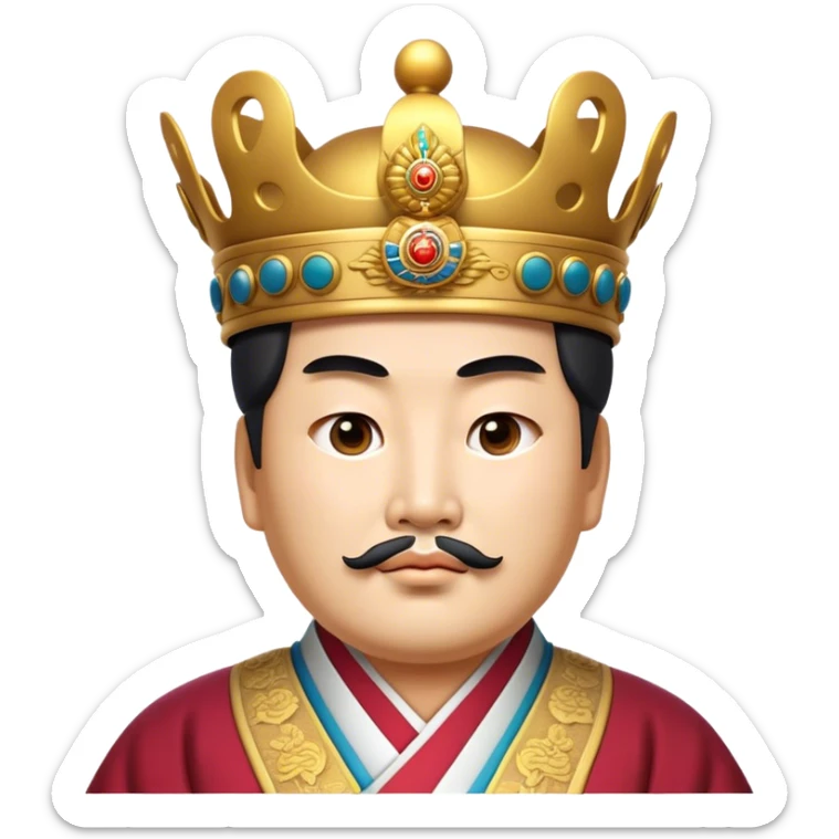 Cinematic Realistic King Sejong Portrait Emoji, depicted as a wise benevolent monarch in traditional Korean royal attire with a thoughtful gaze, rendered with intricate textures and regal soft lighting that captures his historical significance. sticker