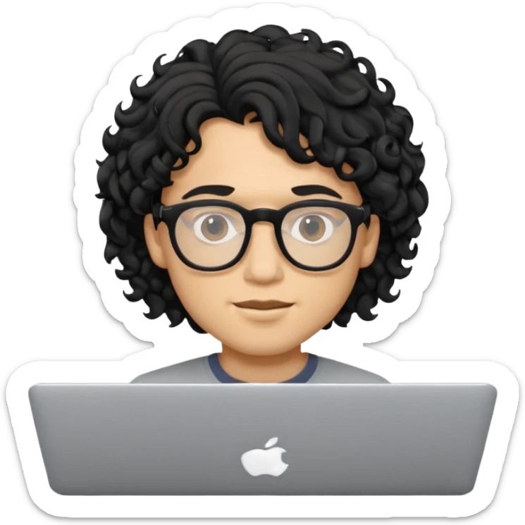 guy with wavy kinda curly black hair and skin cream and glasses, with a macbook sticker