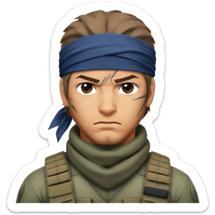 Design an emoji of Solid Snake, the iconic character from the Metal Gear series. Ensure it captures his stealthy demeanor and rugged appearance. Consider including elements like his bandana, tactical gear, and serious expression. The emoji should convey a sense of espionage and action, suitable for fans of the stealth-action genre. sticker