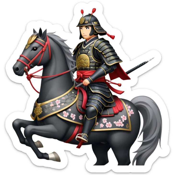 clash-of-clans-aesthetic_-cinematic-fearsome-and-majestic-samurai-bust-portrait-emoji, rendered in a flat, vector-style with minimal shading and bold, simplified shapes typical of emoji art, depicting a battle-hardened samurai with steely eyes and traditional black Japanese armor. The samurai is riding a noble grey warhorse adorned with an intricately designed saddle and fluttering banners, against a backdrop of cherry blossoms and a rising sun. a samurai on a   horse sticker