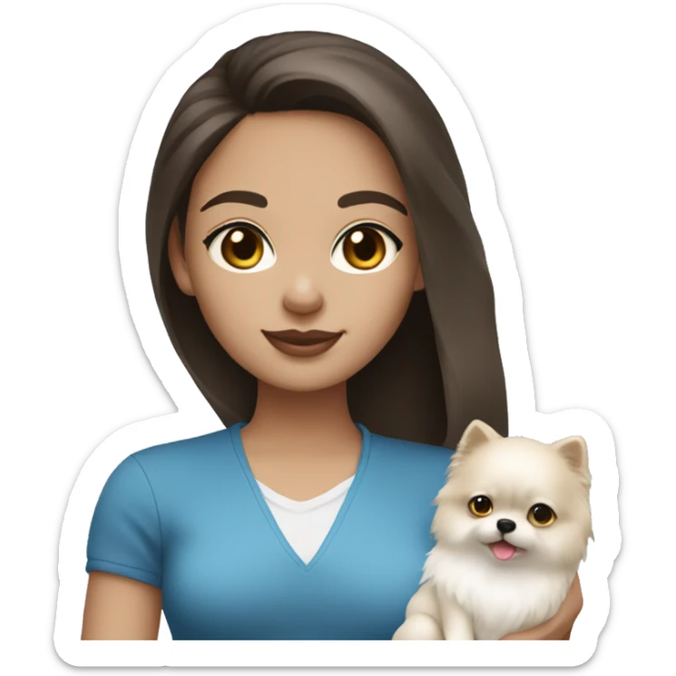 Brunette girl with light skin and blue eyes holding a white pomeranian  sticker