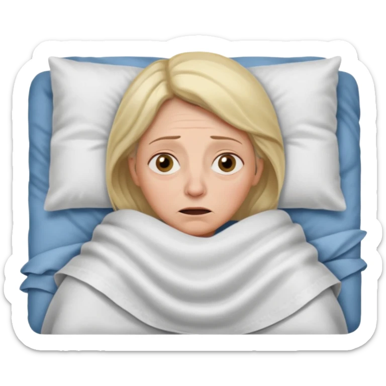 A 55-year-old woman lying in bed, unable to sleep. She looks exhausted and desperate, with visible dark circles under her eyes, tired facial expression. She is under the blankets, staring at the ceiling.  sticker