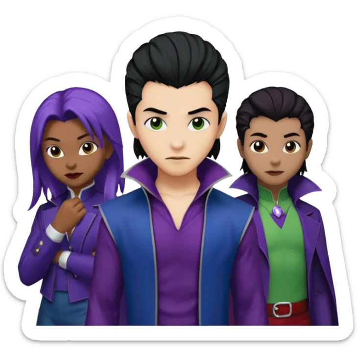 Solo poly platonic relationship, one African girl, one Asian boy, one biracial features Asian tomboy girl rat-tail hair long and upper masculine hair 90s, vampire and marvel cosplay elements inspired  use marvel colours, like instead of obvious human, green purple blue etc,  sticker
