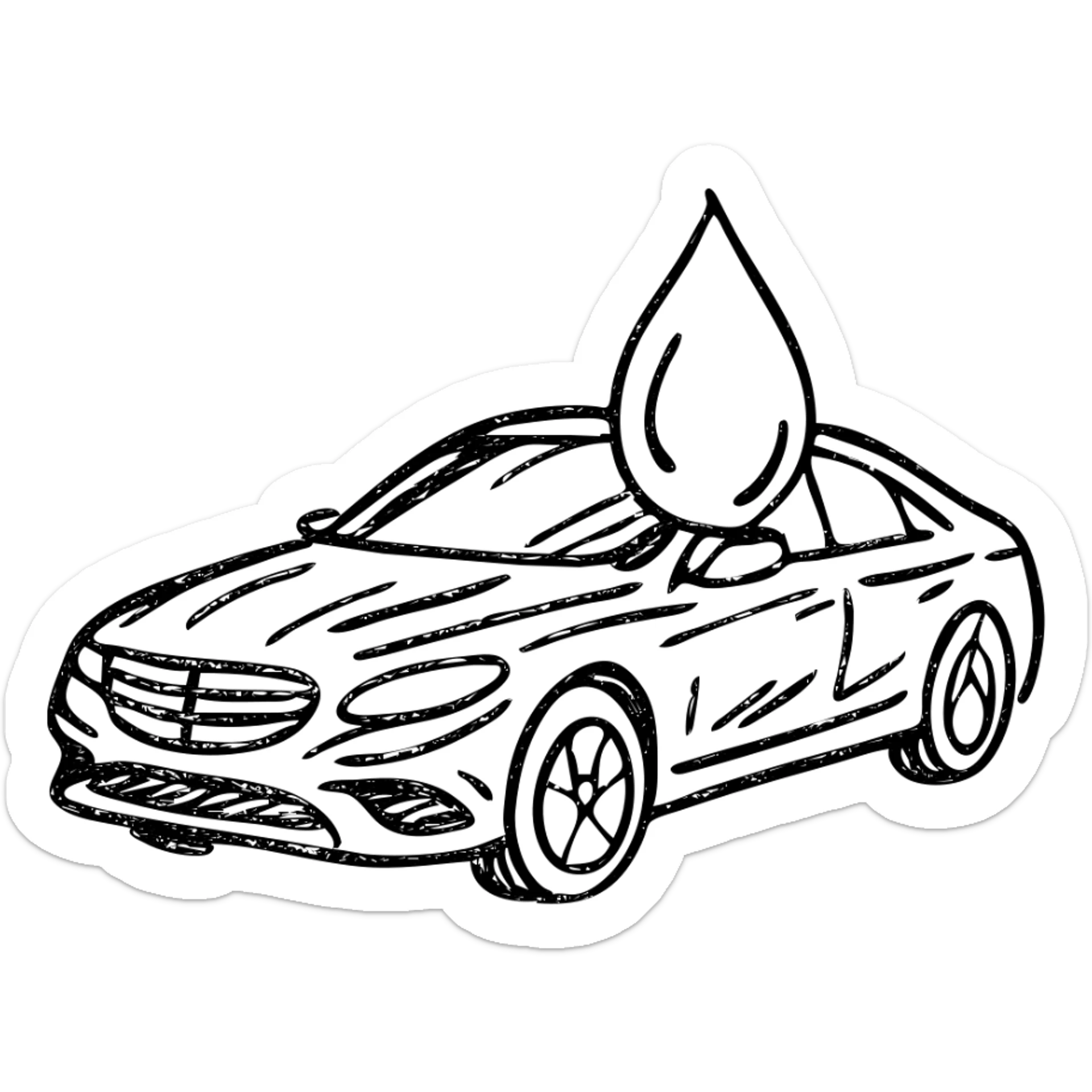hand-drawn outlined icon of a full high-end vehicle with glossy black paint, strong shine and reflections, water droplet sliding on the surface, subtle repellent effect, clean and modern sticker