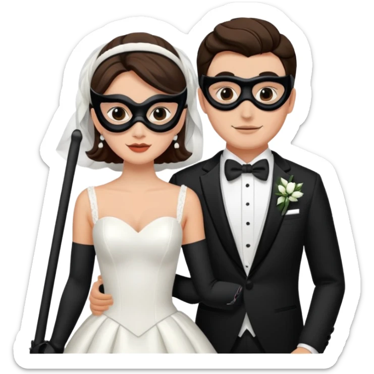 a recently marries couple skiing, masks on in wedding dress and tux sticker