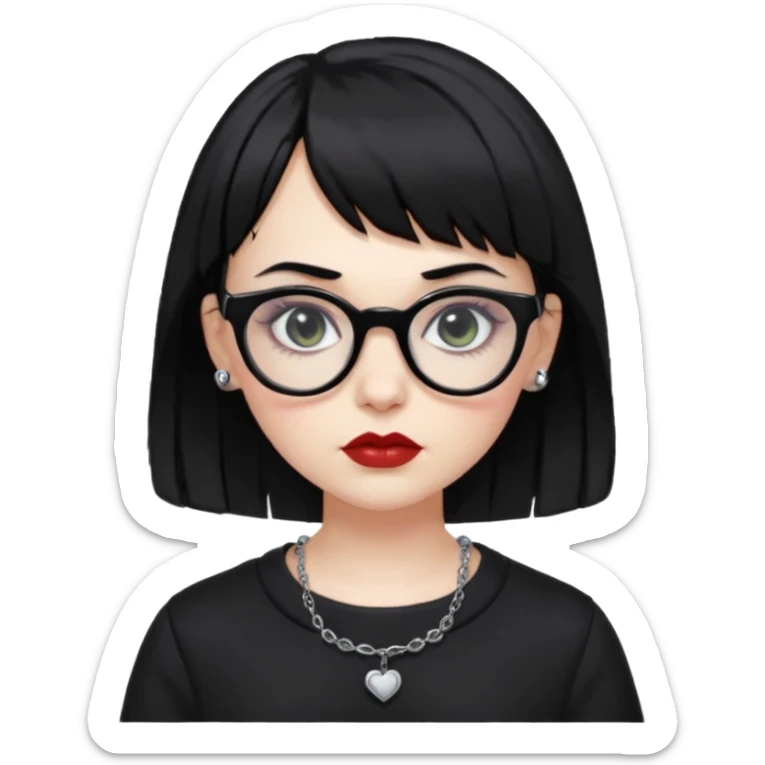 white woman with medium length black hair and baby bangs, glasses, with goth makeup and clothing  sticker