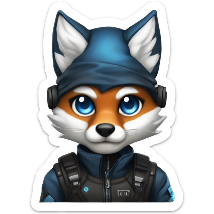 male fox, fur color 3575b, blue eyes, blue ears, black eyebrows, slim body, cyberpunk clothes, black gloves, sticker