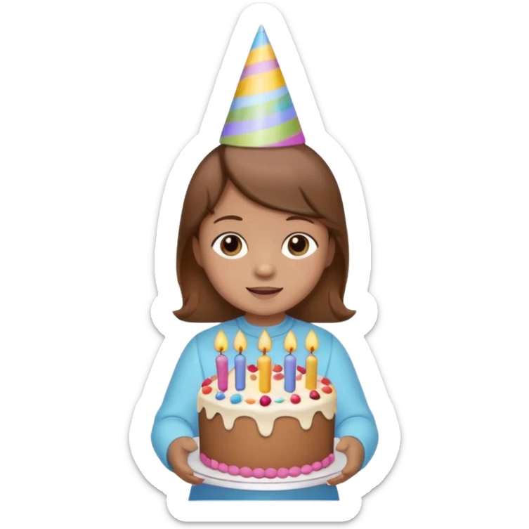 with brown hair cute baby wearing birthday hat with birthday cake sticker