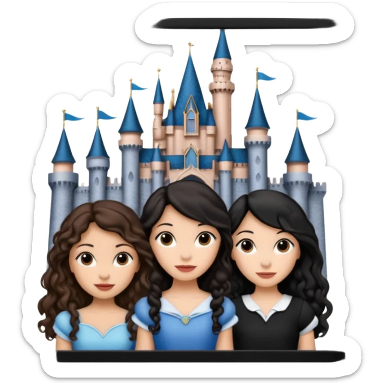 Quiero que crees una imagen donde este el castillo de Disney y por detrás o delante pon a 4 chicas: una con el pelo largo rizado marrón , otra con el pelo muy corto negro, otra con el pelo mediano liso marrón y otra con el pelo negro largo liso sticker