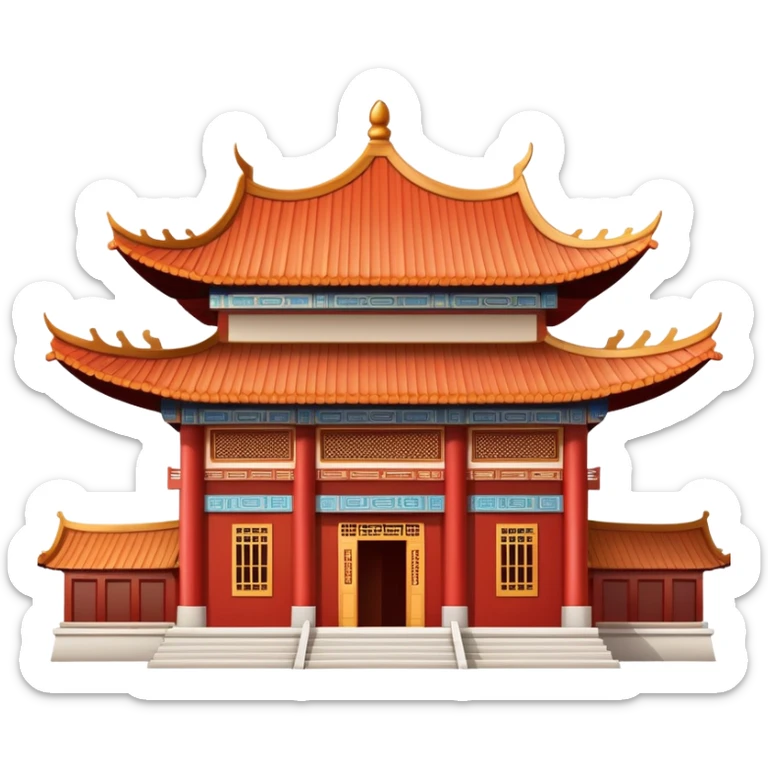 Chinese temple building with curved eaves, decorative roof tiles, traditional style sticker