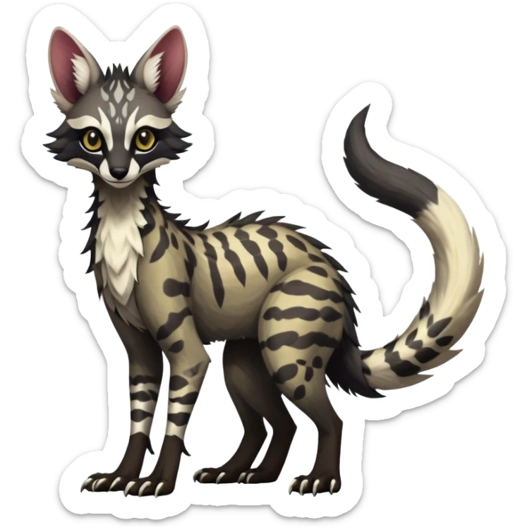 Feral Rare Fantasy dark tropical Vernid-Sergal-Genet-Trico-species by LiLaiRa, random markings, tufted tail, tufted ears, full body sticker