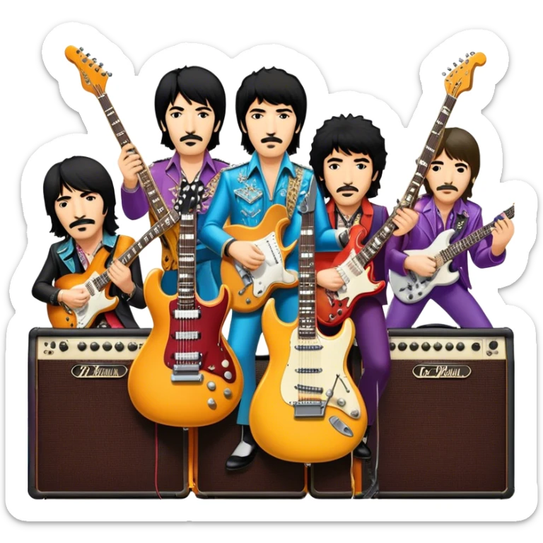 Rock music icon: collage of legendary rock stars—The Beatles, Jimi Hendrix, Elvis Presley, Queen, Nirvana, Led Zeppelin. Electric guitars, amplifiers, and microphones surrounded by vibrant stage lights and musical notes. Transparent background. sticker