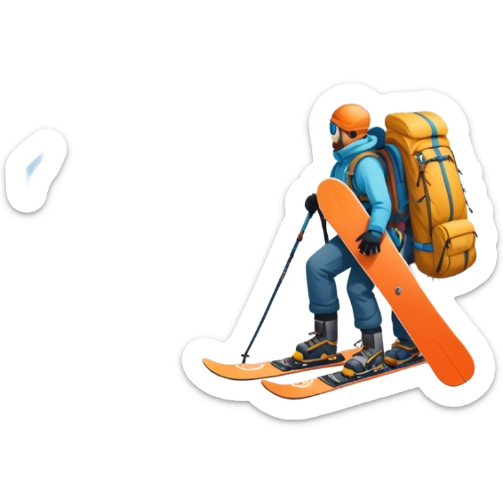 Icon for Mountain Tourism: a snow-covered peak in the distance, with skis, a snowboard, climbing gear, a backpack, and a camera. The icon should represent the adventure and exploration of mountain landscapes. Transparent background. sticker