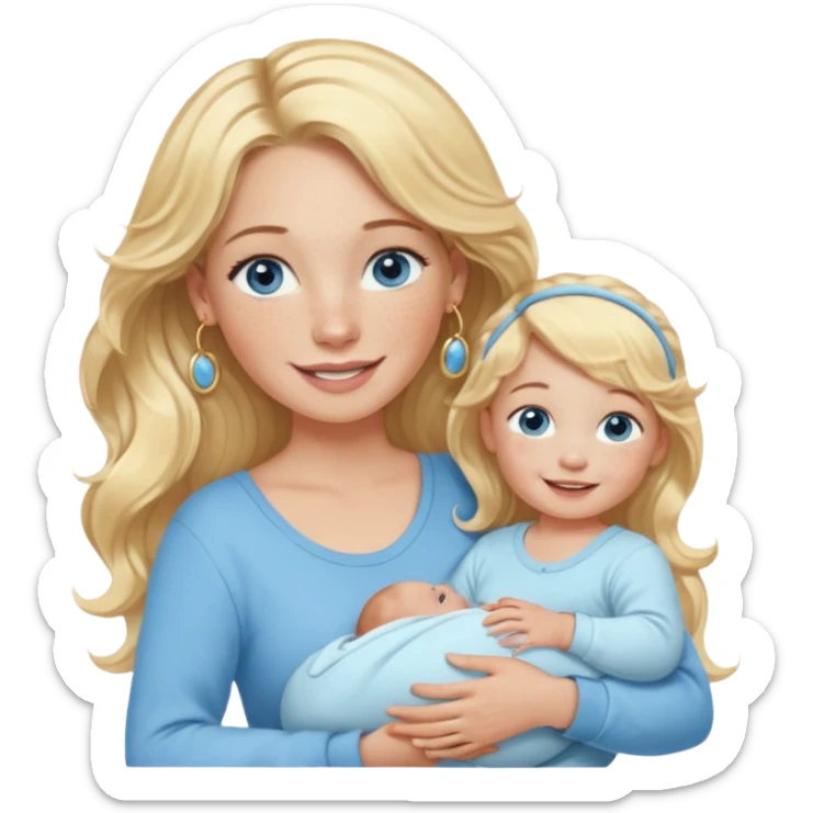 Wavy blonde, white woman with blue eyes, freckles hoop earrings, holding babies smiling and really cute in gold hoops she needs to be holding three newborns, and she needs to be more cute than pretty sticker