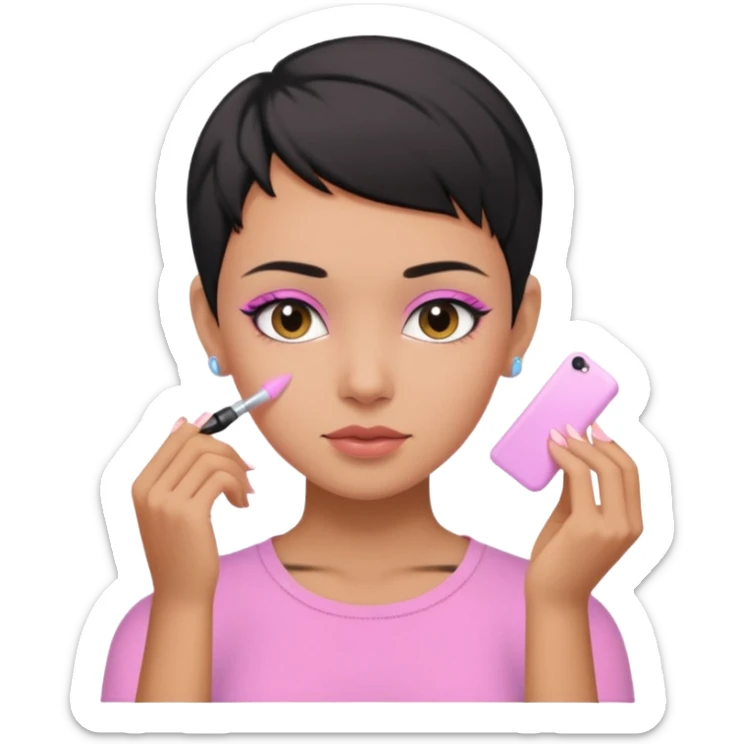 tan girl with no makeup pink shirt with black hair & a pixie, cut no earrings, doing pastel colors skin care sticker