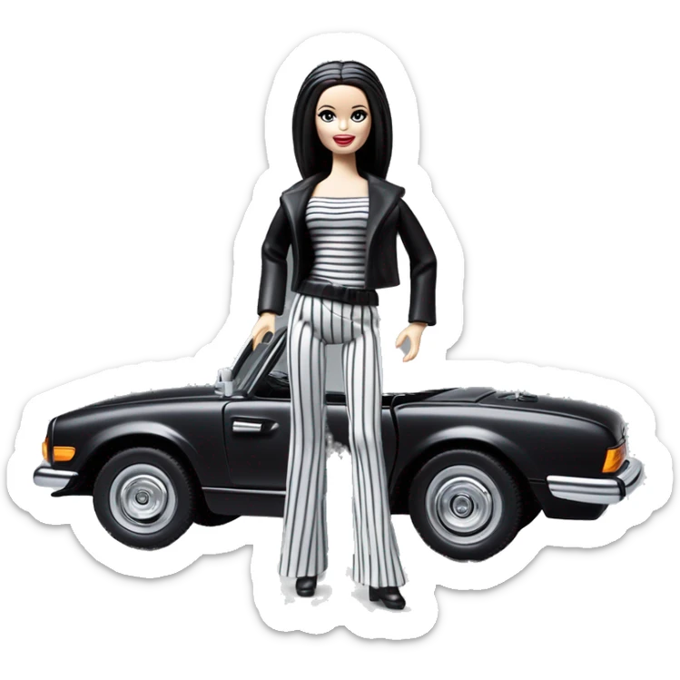 Princess Leia Barbie, 1971 teen Morticia Addams from academy, in dark-gray and black striped outfit. Smiling Driving Mercedes convertible sports car. Very Pale-white porcelain skin.  sticker