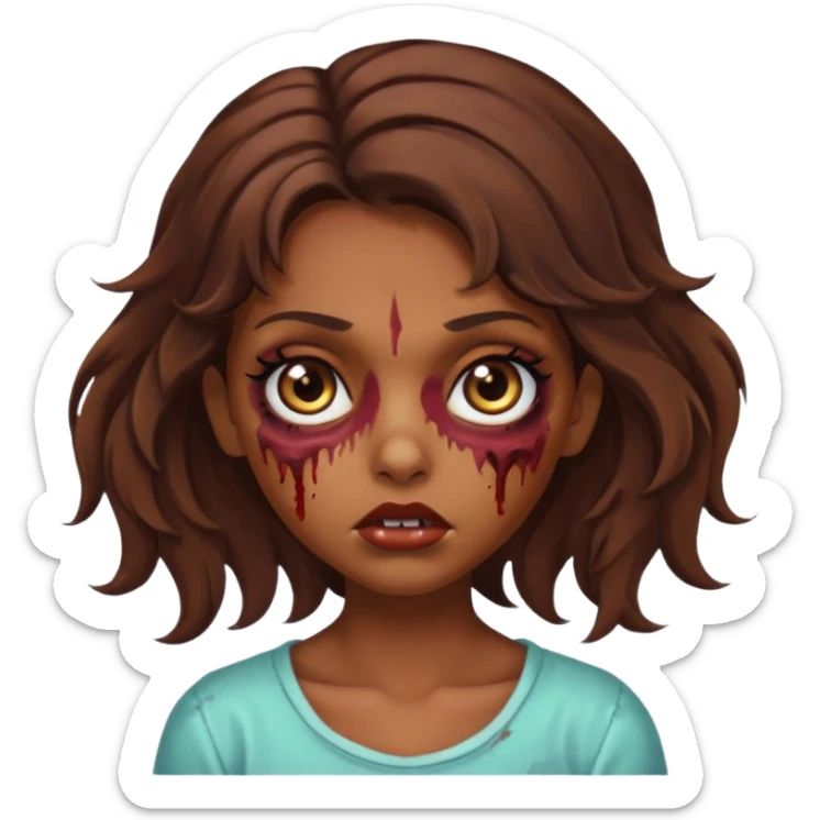 Garota zumbi com cabelos castanhos ondulados médio, olhos castanhos grandes e cílios longos  sticker