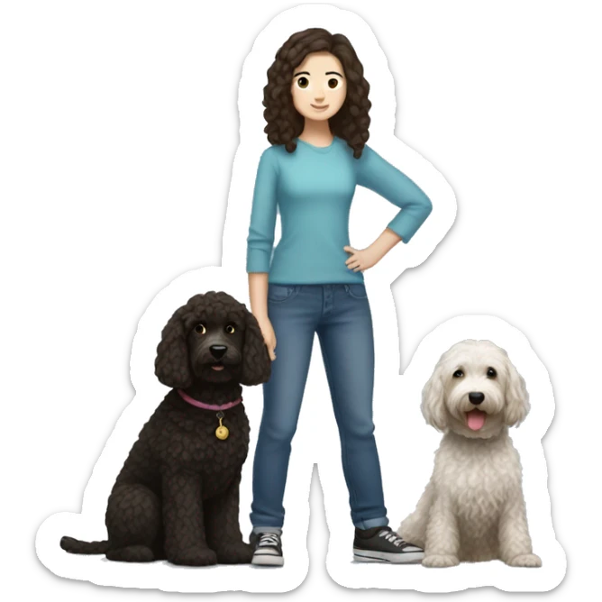 Short haired Brunette girl with blue eyes holding a black and white golden doodle sticker