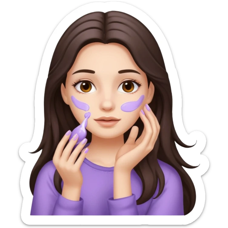 brunette girl with long hair applies lavender cream to her face sticker