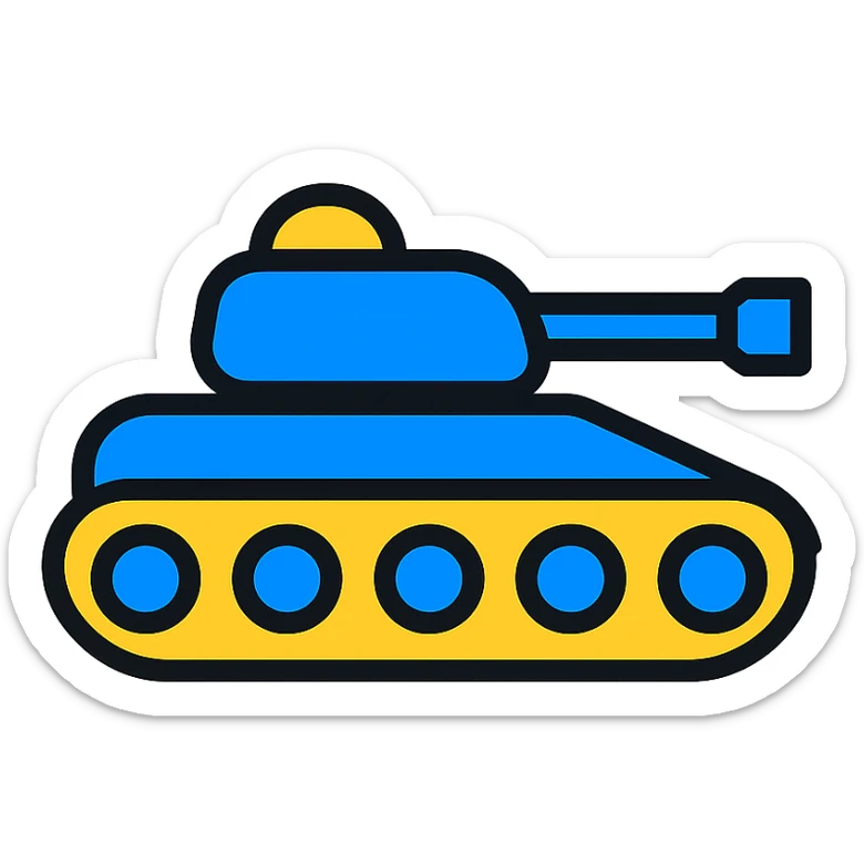 Ukrainian battle tank in blue and yellow national colors, color outline icon style sticker