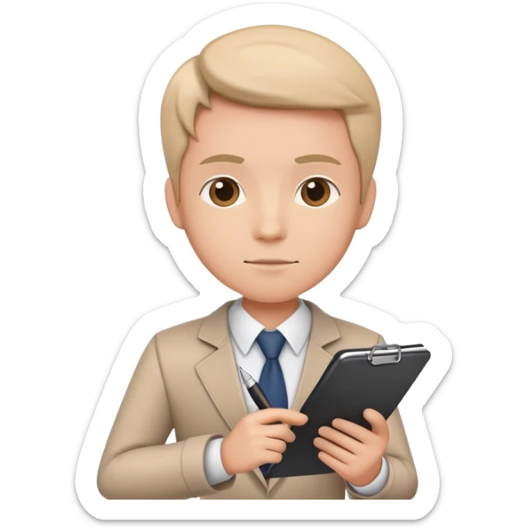 a person holding a checklist and pen, wearing smart casual clothing. The character is in a focused pose sticker
